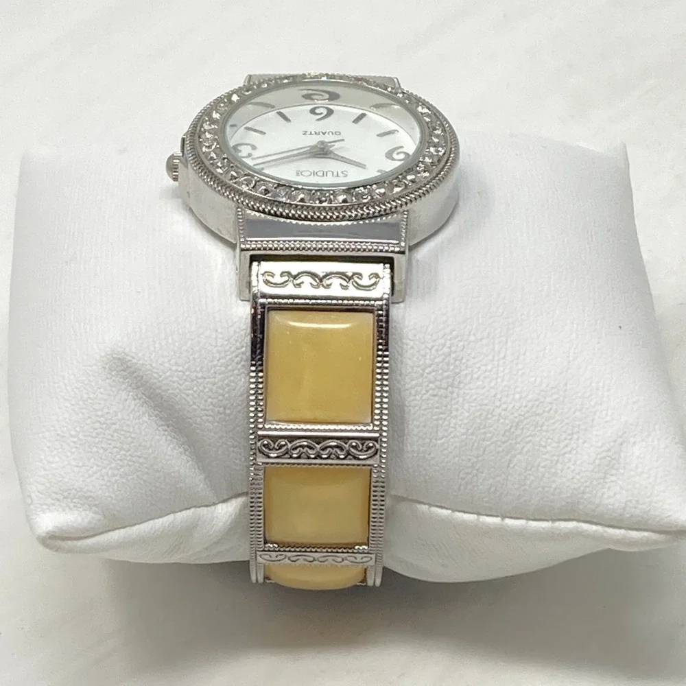 Studio Time Watch Women 32mm Silver Tone Yellow MOP Inlay Cuff Bling New Battery